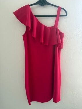 ZARA Fuchsia Large One Shoulder Ruffle Dress Bright Pink Asymmetrical